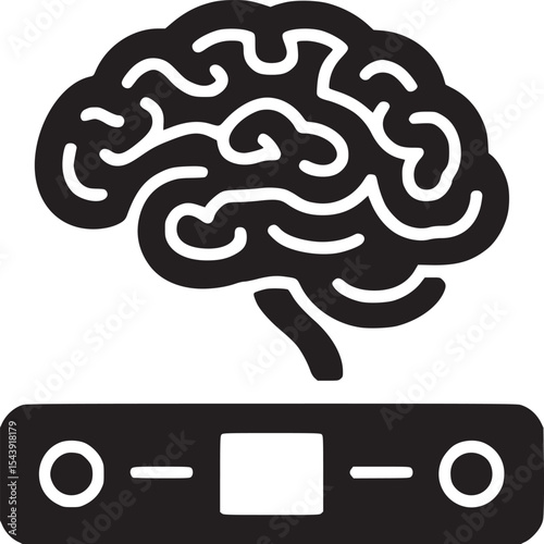 A black and white illustration of a brain connected to a device with circles and squares on it