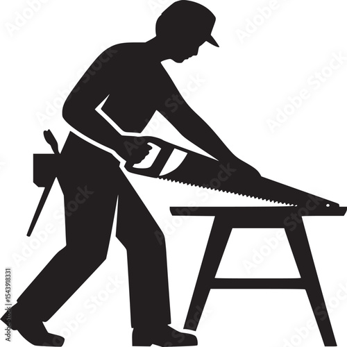 Silhouette of a carpenter sawing wood on a sawhorse wearing a cap and tool belt in black and white