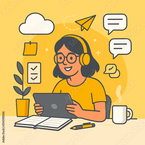 Vector illustration of Girl Learning Online Using a Digital Tablet Surrounded by Communication Icons in a Modern Flat Style E-Learning Illustration