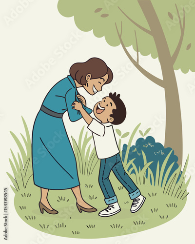 Happy Mother Hugging Smiling Son in Nature Park Vector Illustration
