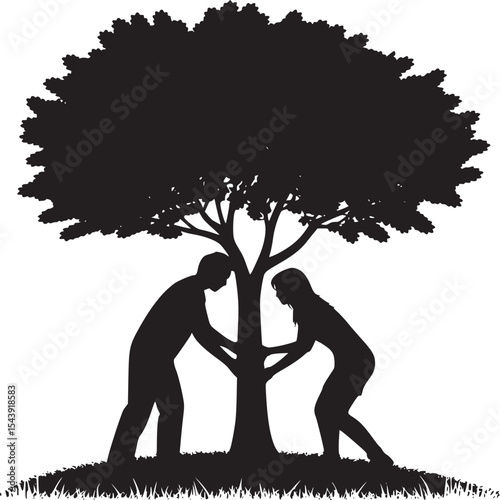 Silhouette of a man and woman hugging a tree in black and white on a grassy hill illustration