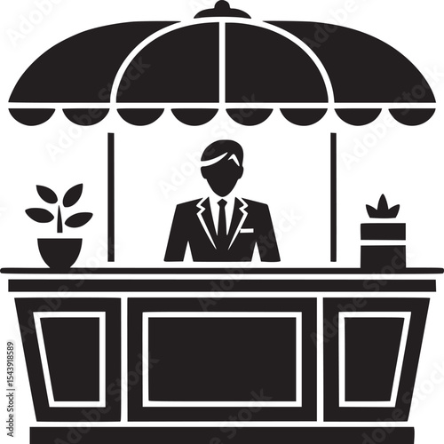 Black silhouette of a man in a suit behind a counter with an umbrella and plants on either side