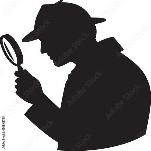Silhouette of a detective wearing a hat and holding a magnifying glass on a white background image