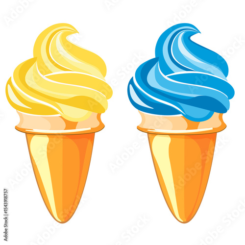 two ice creams in a cone blue and yellow
