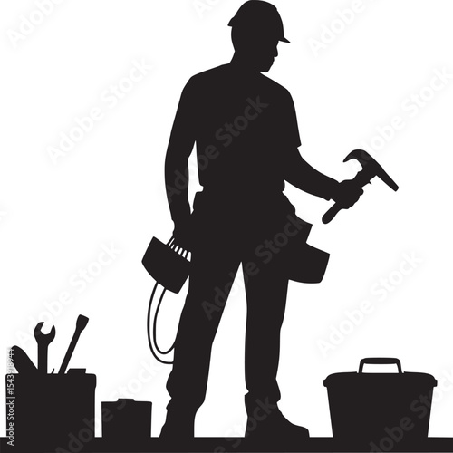 Silhouette of a construction worker with tools and a hard hat standing next to toolboxes on a surface
