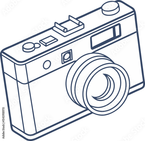 Minimalist Line Drawing of Vintage Camera – Outline Vector Featuring Prominent Lens, Top-Mounted Flash Contact, and Detailed Buttons – Retro Photography Icon for Logos, Prints, Creative Design Project