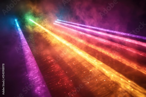 A mesmerizing display of vibrant rainbow laser beams piercing through a smoky atmosphere, creating a stunning visual spectacle of light and color.