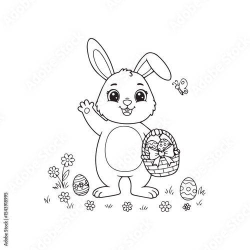 Cute easter bunny carrying eggs in spring basket