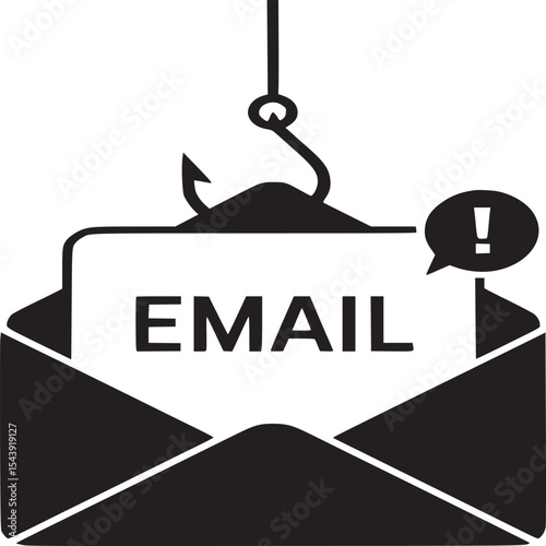 Email on a fish hook with an exclamation point in a speech bubble in black and white illustration