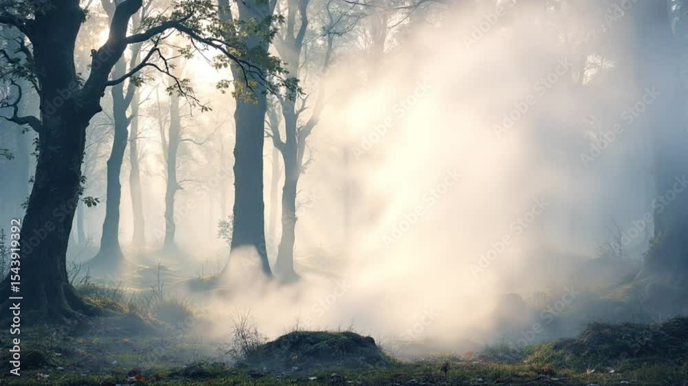 Misty morning in the forest with a rainbow over a hot spring in Yellowstone National Park 4k abstract slow motion video