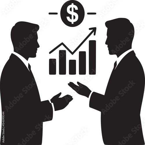 Silhouette of two businessmen discussing financial growth with a rising bar graph and dollar sign
