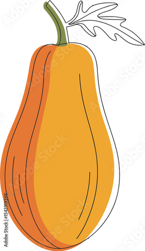 Isolated orange butternut squash with stem and leaf on a beige background