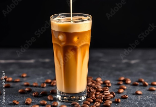 Tall glass of iced coffee, cream poured, coffee beans,  creamy,   energy drink