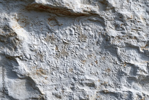 White chalk surface from Dorset coast with embedded floral fossils and natural erosion patterns illuminated by daylight