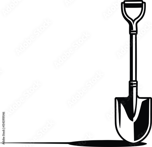 A black and white illustration of a shovel with a shadow on a light background