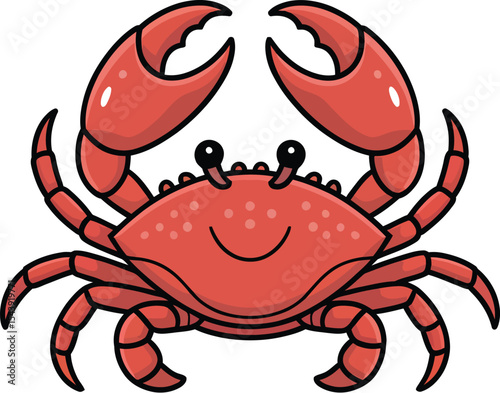 A cartoon illustration of a red crab with claws raised on a white background