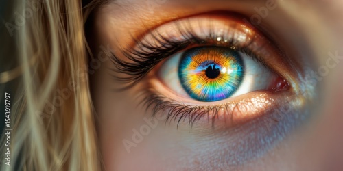 Close-up of a woman's vibrant blue and orange eye with reflection  