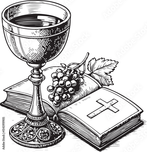 Gold Chalice with Wine and Bible Vector Illustration, Sketch Drawing Line Linear Symbol Icon Engraving Coloring Book, Hand-drawn Black and White Isolated