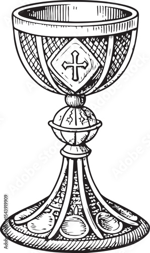 gold Chalice Vector Illustration, Sketch Drawing Line Linear Symbol Icon Engraving Coloring Book, Hand-drawn Black and White Isolated
