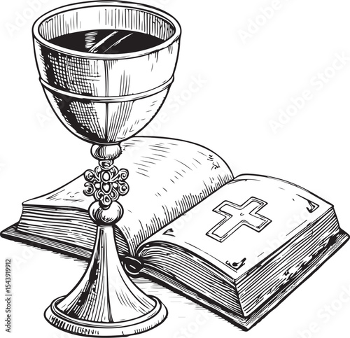 Gold Chalice with Wine and Bible Vector Illustration, Sketch Drawing Line Linear Symbol Icon Engraving Coloring Book, Hand-drawn Black and White Isolated
