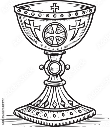 gold Chalice Vector Illustration, Sketch Drawing Line Linear Symbol Icon Engraving Coloring Book, Hand-drawn Black and White Isolated
