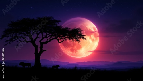 Silhouetted tree against full moon in vibrant night sky landscape  
