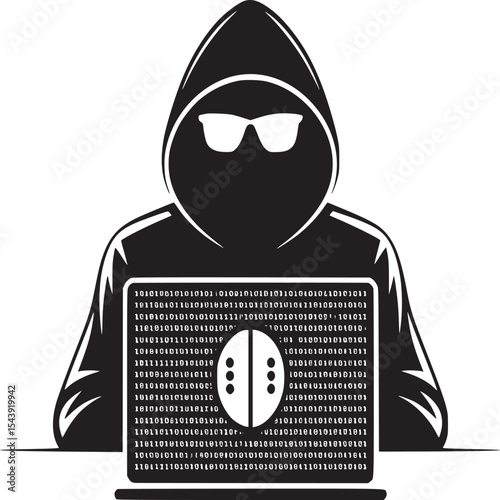 A hooded figure with glasses in front of a laptop displaying binary code and a bug icon