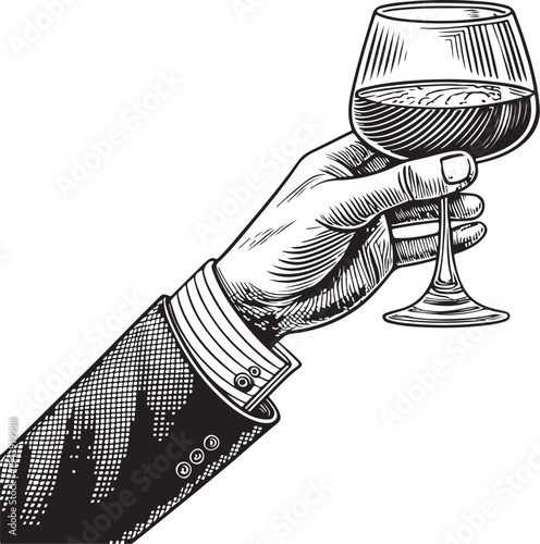 Male hand holding glass brandy cognac Vector Illustration, Sketch Drawing Line Linear Symbol Icon Engraving Coloring Book, Hand-drawn Black and White Isolated