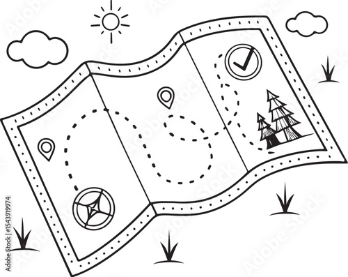 Treasure Map Scavenger Hunt Vector Illustration, Sketch Drawing Line Linear Symbol Icon Engraving Coloring Book, Hand-drawn Black and White Isolated