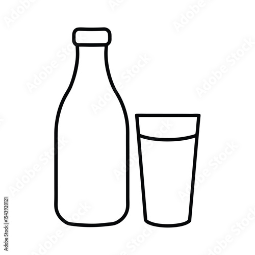 Glass milk bottle with companion glass depicted in slim thin line drawing Vector illustration