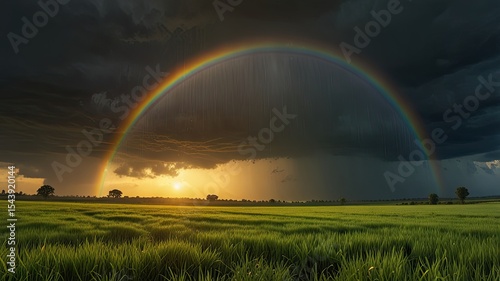 Rainbow over paddy field at sunset,3d render.
