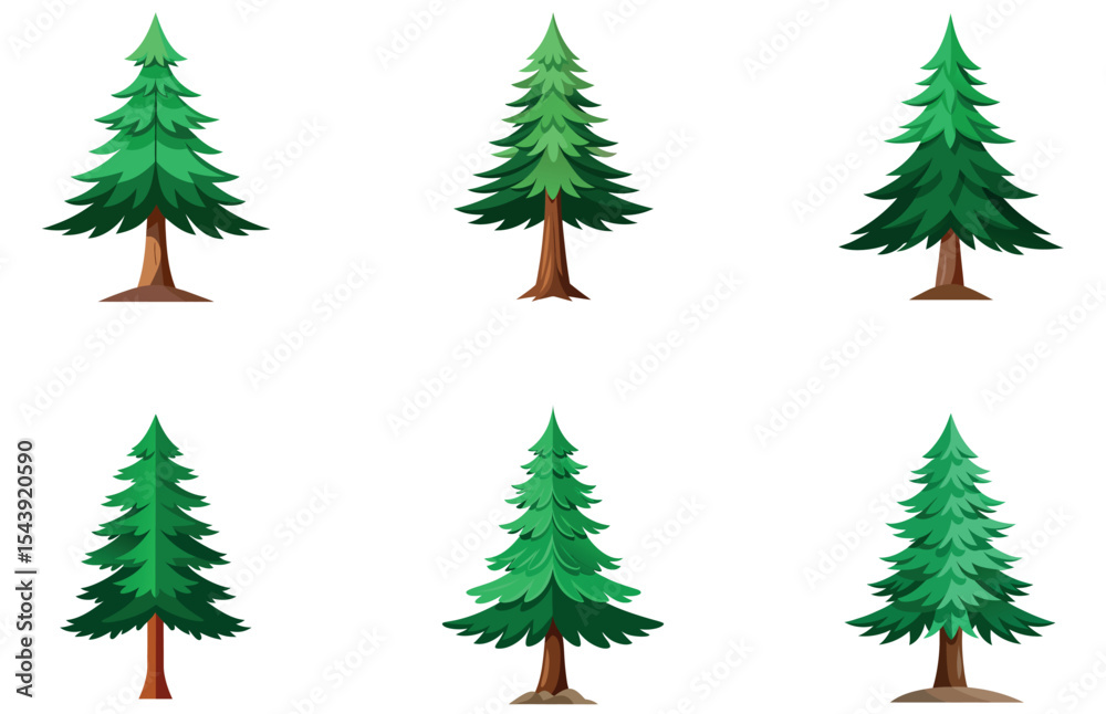 Obraz premium Pine Trees Vector Designs Set Minimal Flat Evergreen Forest Tree Illustrations