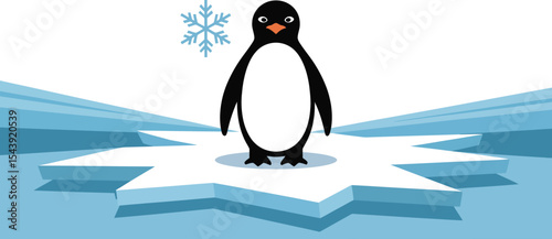 Penguin standing on ice floe with snowflake on white and blue background