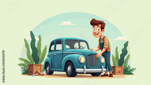Joyful young man repairing a vintage car in a sunny outdoor setting surrounded by greenery