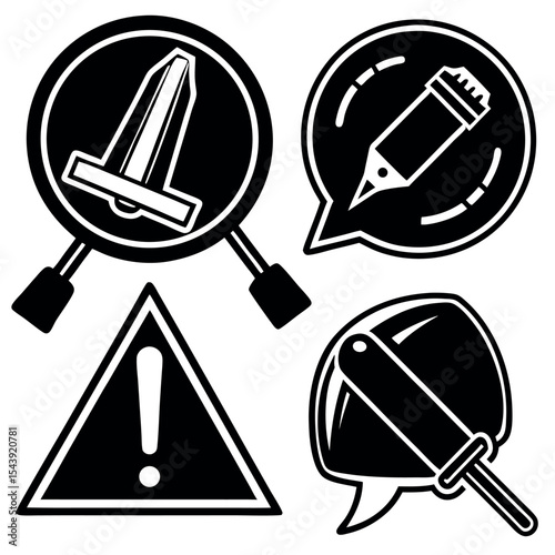 Black and white warning icons set isolated on white background