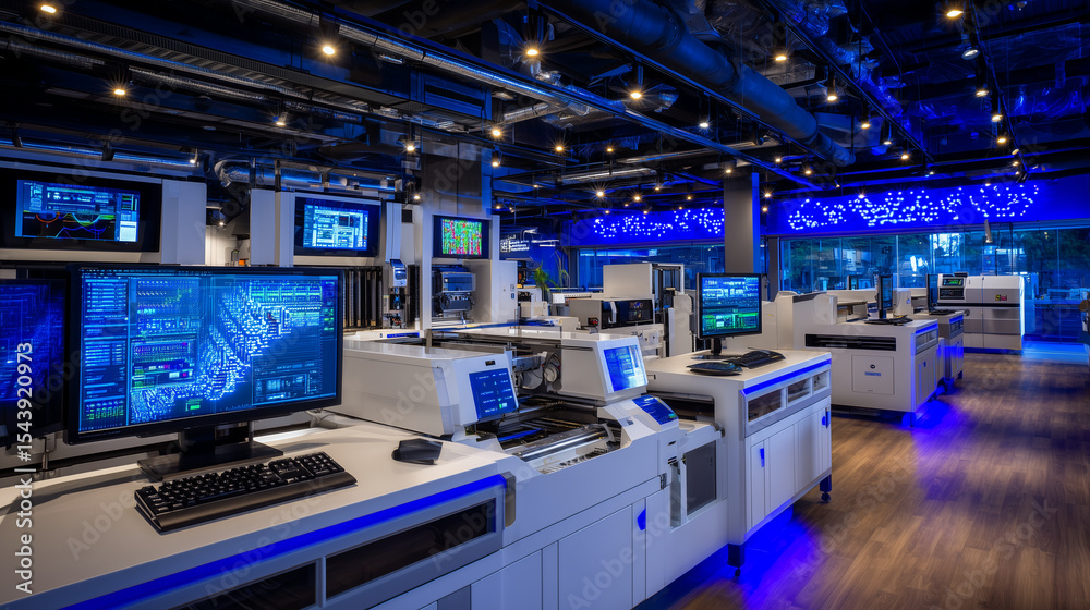 Obraz premium High-tech additive manufacturing facility with rows of 3D printers working on varied products simultaneously, blue ambient lighting and digital monitoring dashboards on the walls