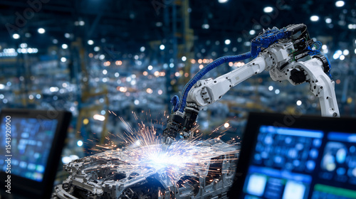 Multi-axis 3D printing robot arm constructing a complex aerospace part with titanium powder in an ultra-clean industrial environment, digital control panels glowing nearby