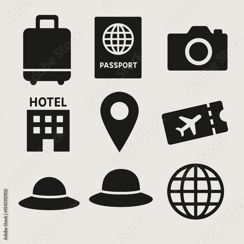 Tourism icon pack with bold visuals including luggage, passport, hotel, camera, globe, and boarding pass elements.