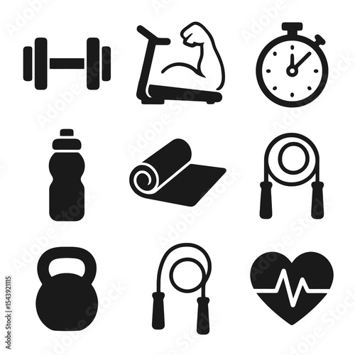 Description: Gym and fitness icon set in black including dumbbell, treadmill with flexed arm, stopwatch, bottle, mat, rope, kettlebell, and heart rate.