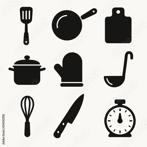 Solid kitchen tools vector icons including spatula, pot, ladle, knife, timer, and oven mitt in minimalist black style.