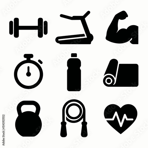 Fitness and gym icons in solid black showing dumbbell, treadmill, muscle arm, stopwatch, water bottle, mat, kettlebell, jump rope, and heart.