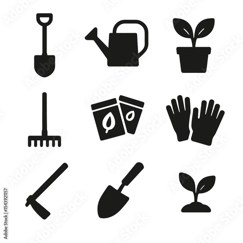 Gardening icon collection with tools like shovel, watering can, gloves, seed packets, and plant pots.