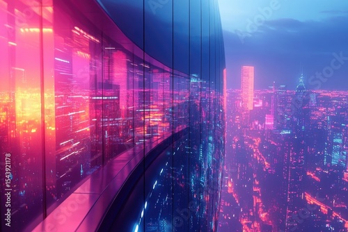 A modern skyscraper reflects a vibrant, illuminated cityscape at night with a neon pink and blue color palette.