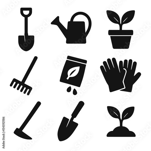 Black gardening icons set showing shovel, watering can, plant pot, rake, fertilizer, gloves, hoe, hand shovel, and small plant.