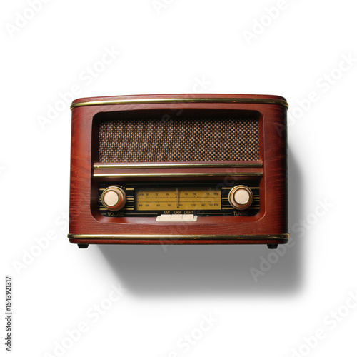 A vintage radio with a wooden finish and knobs, designed for tuning into various stations.
