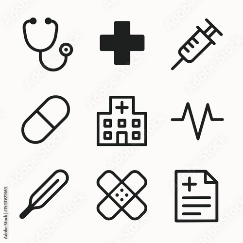 Healthcare symbols in black outline representing medical services and hospital-related tools.