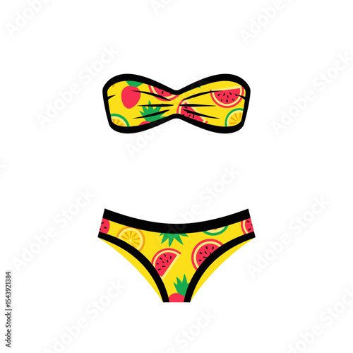Colorful bikini with fruit patterns on yellow background  