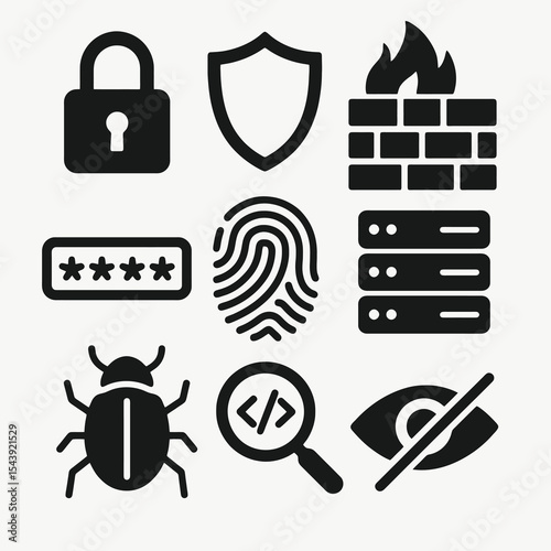 Cybersecurity icon pack in bold black style showing elements like lock, firewall, fingerprint, bug, and hidden view.