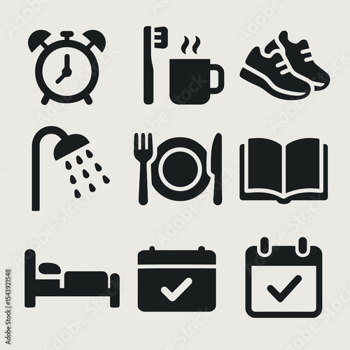 Morning routine icon set showing alarm clock, hygiene, food, and planning symbols in solid black style.