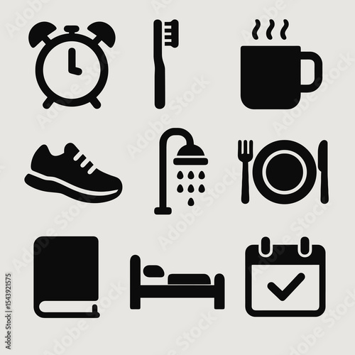 Black routine icons set showing daily activities like brushing, running, eating, and sleeping.